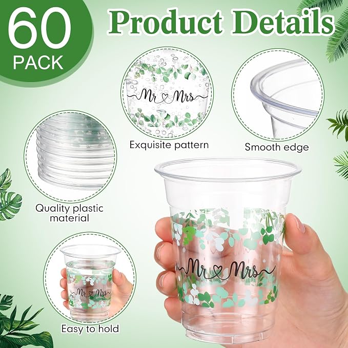 Funnymoom 60 Pack Mr and Mrs Wedding Cups 12 oz Sage Green Eucalyptus Disposable Clear Plastic Drinking Cups for Wedding Bridal Shower Engagement Boho Greenery Party Decorations Supplies