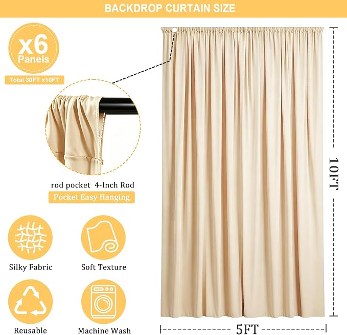 Gallety Warm Ivory Backdrop Curtain for Wedding, Polyester Photography Backdrop Drapes - 30FT x 10FT Wedding Backdrops with Rod Pockets for Children's Party,Birthday,Event,Graduation Party Decor