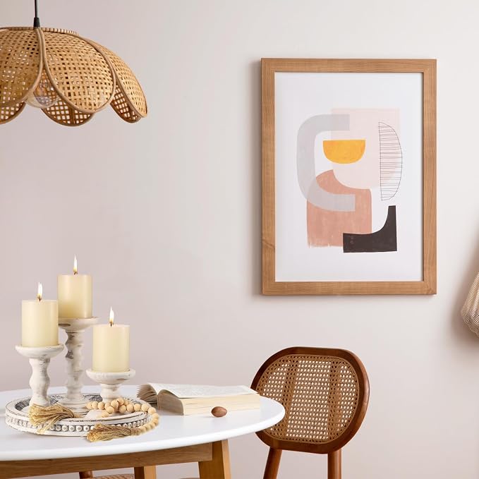 Reallnaive 8 Pcs Farmhouse Wood Candle Holders with Pillar Candles Set Wooden Rustic Candle Holders Round Decorative Serving Tray Bead Garland with Natural Wood Tassels for Table Centerpiece(White)