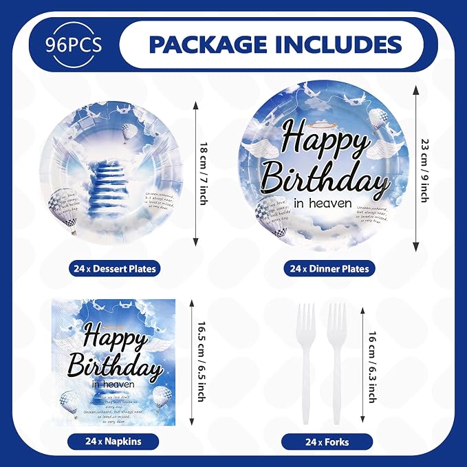 96 Pcs Happy Birthday in Heaven Party Supplies Funeral Remembrance Plates and Napkins Disposable Funeral Memorial Tableware Set for Condolence Birthday Anniversary Party Decorations Serves 24