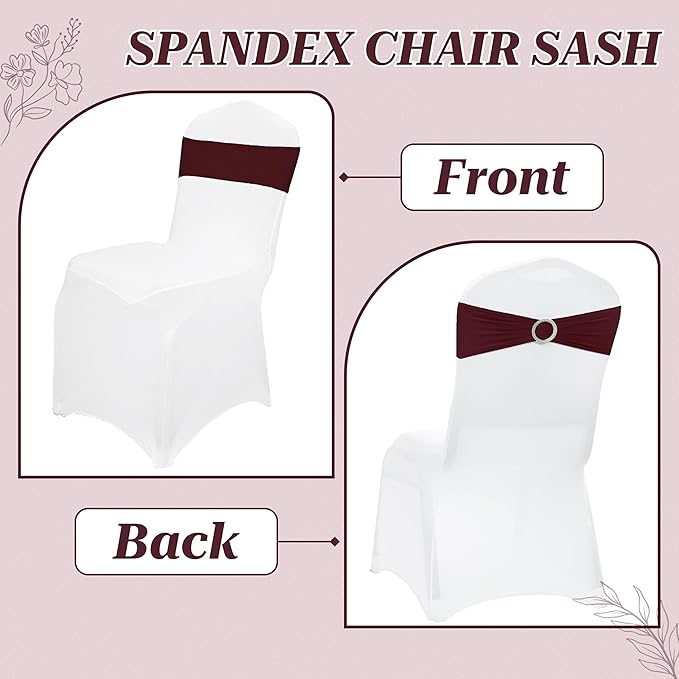 VDS - Burgundy | Spandex Chair Sashes Bows | 100 PCS | Stretch Elastic Banquet Universal Folding Chair Band Tie with Silver Buckle Slider for Wedding Party Conference Celebration Event Decoration