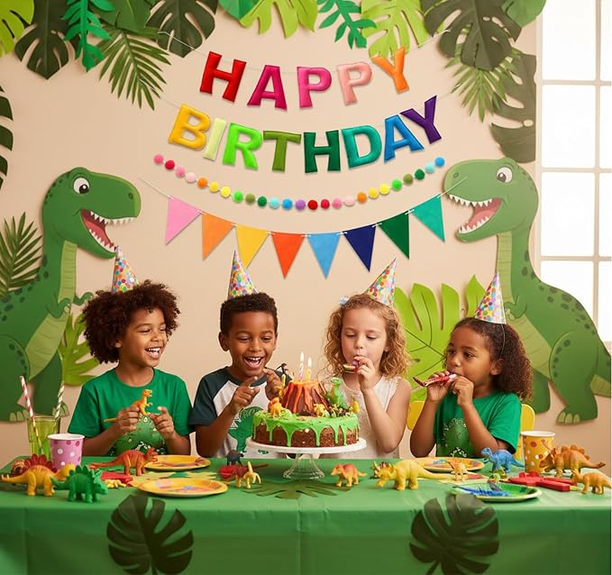 3D Happy Birthday Banner Set – Pre-Strung Reusable Rainbow Happy Birthday Decorations with Felt Ball Garland, Triangle Flag Bunting & Colorful Circle Hanging Banner for Wall Window Garden Party Supply