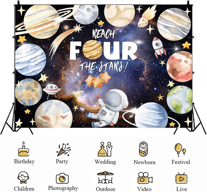 Reach Four The Stars Space Theme Children Birthday Background 4th Birthday Party Kids Astronaut Themed Birthday Party Decoration Boy Girl Birthday Party Photography Decorations Banner (8X6FT)