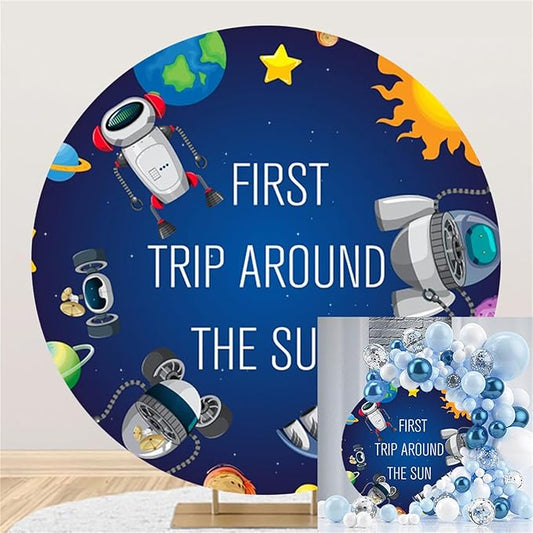 Polyester Diameter 5ft First Trip Around The Sun Round Backdrop for Boy 1st Birthday Party Cartoon Astronaut Robot Flying Machine Outer Space Planets Photography Background Baby Shower Decor