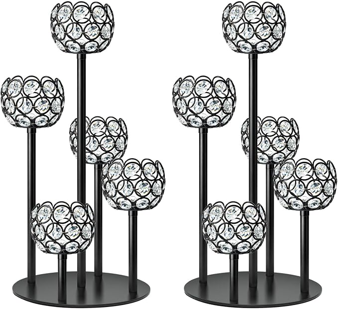 5-Arm Crystal Tealight Candelabra Centerpiece, 14.8 Inch Metal Candle Holder for Table Decor, Wedding, Christmas, Party, Anniversary & Home Decoration (2, Black, S-14.8 in)