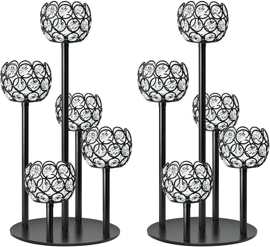 5-Arm Crystal Tealight Candelabra Centerpiece, 14.8 Inch Metal Candle Holder for Table Decor, Wedding, Christmas, Party, Anniversary & Home Decoration (2, Black, S-14.8 in)