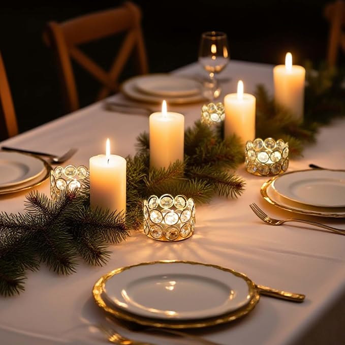 48 Pack Gold Metal Crystal Tea Light Candle Holders - 2.4"x1.6" Bulk Small Votive Candle Holders for Wedding, Home, Party Table Centerpiece Decorations