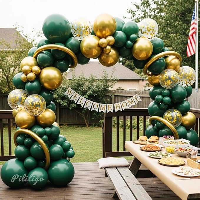 Double Stuffed Dark Green and Gold Balloon Garland Arch Kit - Emerald Green Metallic Gold Confetti Balloons for Graduation Decorations 2026, Jungle Safari Birthday, Wedding, Baby Shower Party Supplies