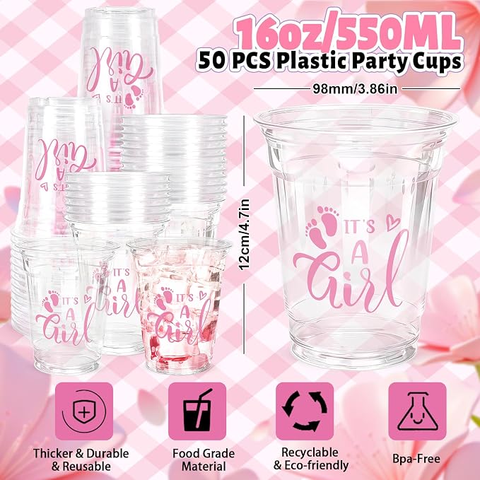 Whaline 50 Pcs Gender Reveal Girl Plastic Cups 16oz Baby Shower Clear Drinking Cups Pink It's A Girl Disposable Cup for Birthday Party Table Decoration Supplies