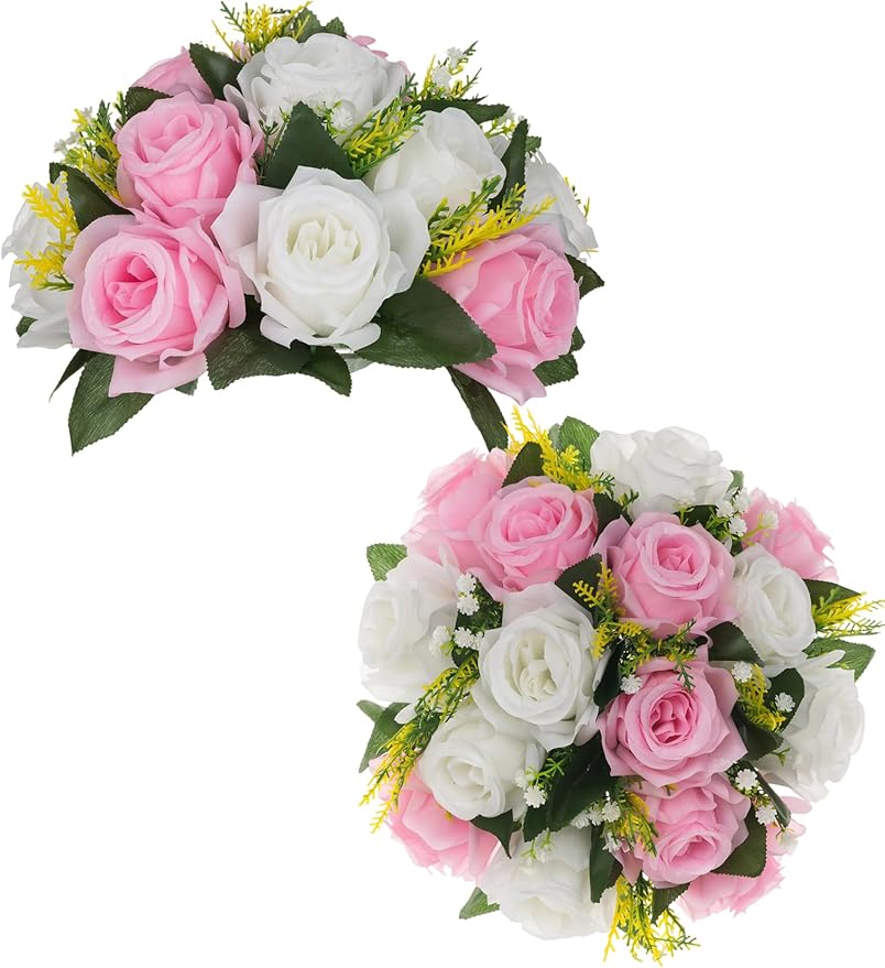 BLOSMON Flower Balls Rose Centerpieces: 2 Pcs 9.5 Inch Pink Fake Flowers | Artificial Floral Arrangements for Home Table - Fuax Silk Flower Bouquet with Base for Wedding Party DIY Decorations