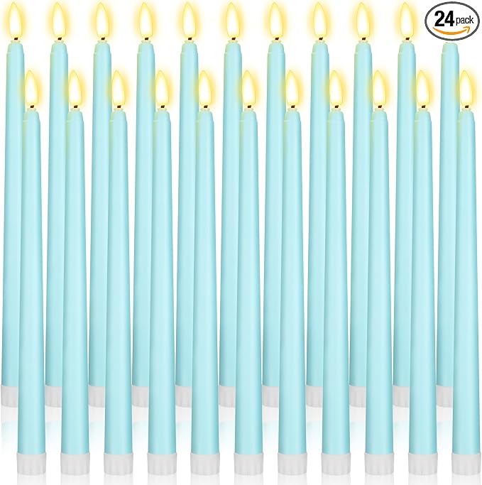 Macarrie 24 Packs Flameless Taper Candles Battery Operated Fake 11 Inch Long Candlelight LED Flameless Candlesticks Flickering Tapered for Summer Fall Wedding(Teal)
