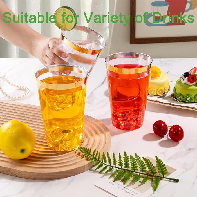 I00000 100 Pack 24 oz Gold Plastic Cups, Elegant Gold Rimmed Plastic Cups, Disposable Cocktail Glasses Wine Glasses, 24 oz Premium Tumblers Perfect for Birthday, Party & Wedding