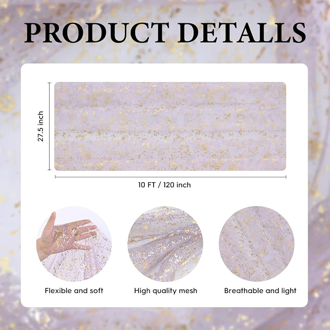 Artoid Mode 10Pcs Grayish Purple Gauze Gold Table Runner 10FT, Glitter Metallic Foil Sheer Dining Wedding Anniversary Holiday Table Decor for Home Party