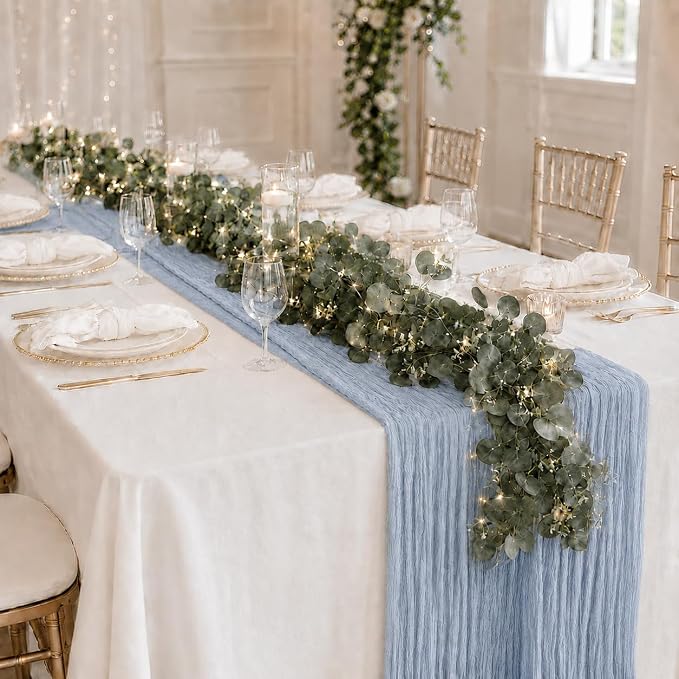 Cinrobiye 11pcs Cheesecloth Table Runner Set 120 Inch – Gauze Table Runner with Napkins, Eucalyptus Garland & String Lights for Wedding Baby Shower Table Decor, Rustic Boho