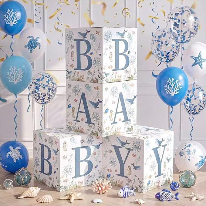 Qunclay 4 Pcs Sea You Soon Baby Shower Decorations Under the Sea Boxes with Letters Stackable for Baby Shower Blue Decorations Gender Reveal Decoration Photo Prop Ocean Animal Nursery Decor