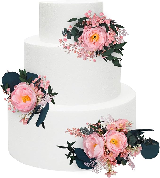 Rinlong 3Pcs Pre-made Cake Flowers Cake Decorations Wedding Cake Decorating Flowers Decor Boho Rustic Birthday Party Artificial Flowers Cake Toppers Pink Dark Green