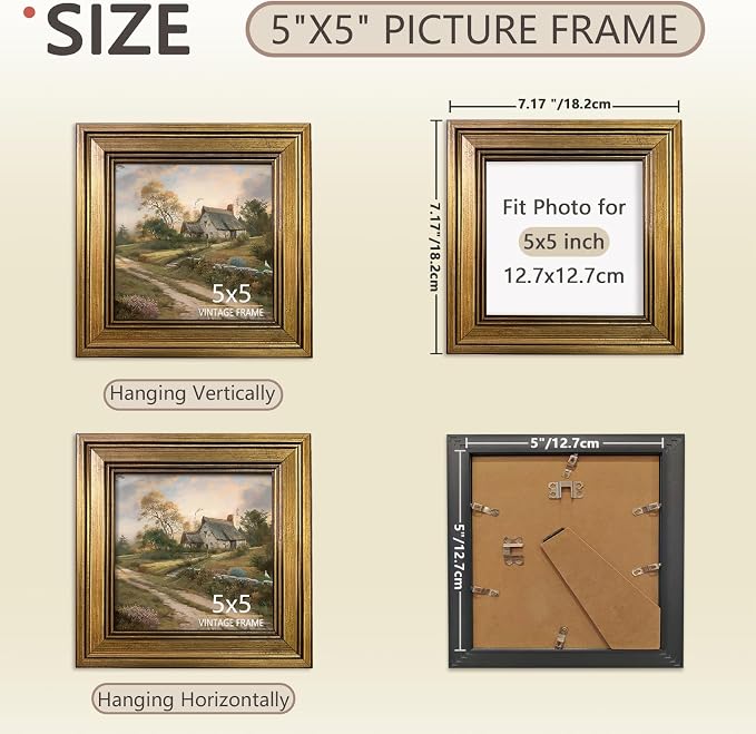 5x5 Picture Frame Vintage Gold - Vintage Gold Picture Frames for Tabletop & Wall Mount, 8 x 10 Photo Frame for Living Room, Bedroom, Office Décor & Wedding Gift