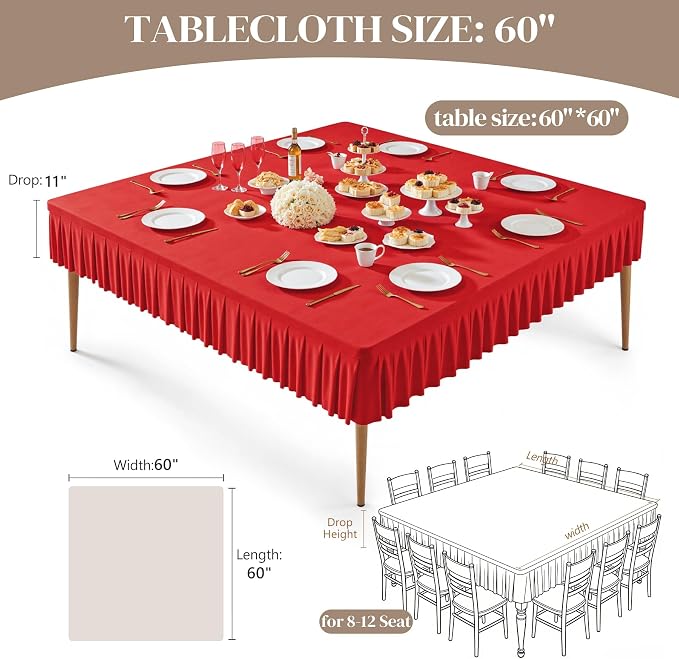 Wish Care Red Spandex Tablecloths for 60x60 Inch Square Tables, Stretch Fitted Table Clothes with Pleated Ruffle Skirt for 60” Table, Wrinkle Free and Elastic, for Party Kitchen Home Dining