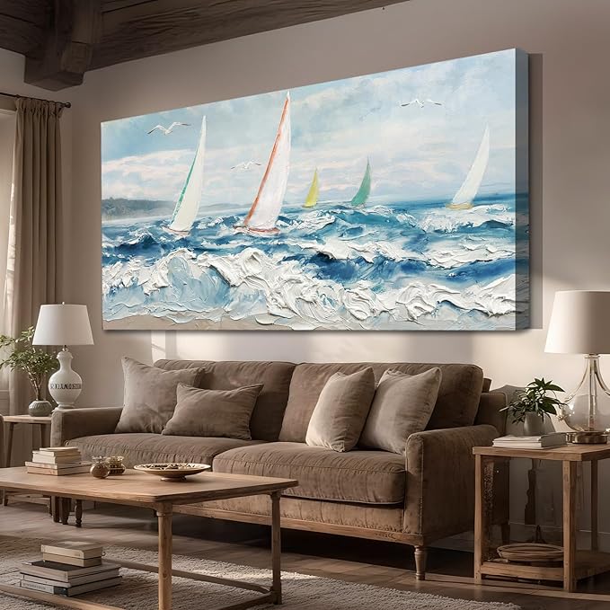 Enartly Wave 3D Textured Ocean Wall Art for Living Room Blue Seascape Sailboat Canvas Coastal Painting Artwork for Bedroom Bathroom Home Office Wall Decor, Large 48"x24"