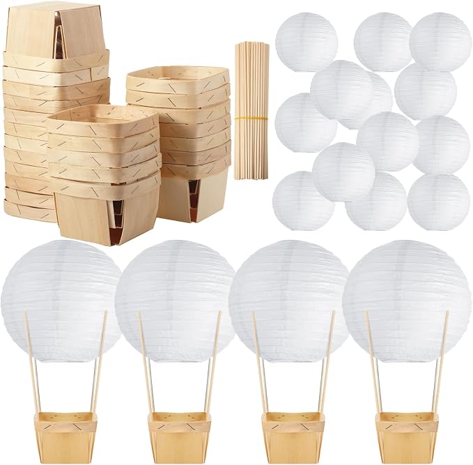 Namalu 24 Set Hot Air Balloon Table Centerpieces Baby Shower Party Decoration Paper Lanterns with Wooden Basket Sticks for Summer Birthday School DIY Craft(White)