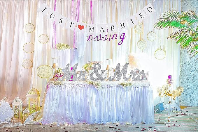 VIOPVERY Mr and Mrs Sign & Just Married Banner,Mr & Mrs Signs for Wedding Table,Large Wooden Letters for Sweetheart Table,Photo Props Wedding decorations for Anniversary,Silver