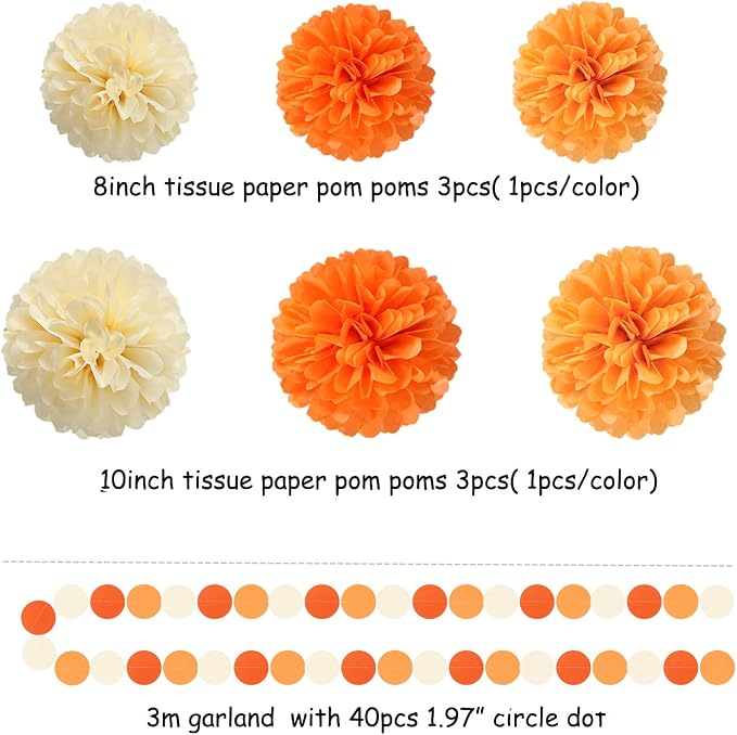 Orange Beige Fall Baby-Shower Party-Decorations - 23pcs Autumn Harvest Thanksgiving Tissue Pom Poms Streamers, Boho Birthday Bridal Wedding Engagement Bachelorette Tassel Garland Banner Decor Ouruola