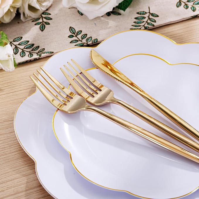 ejonirinjonir EI 180pcs White Plastic Plates with Gold Plastic Silverware,Heavy-Duty Disposable Plates for Party,White Dinnerware Set for 30 Guest Wedding,Birthday,Spring Afternoon Tea