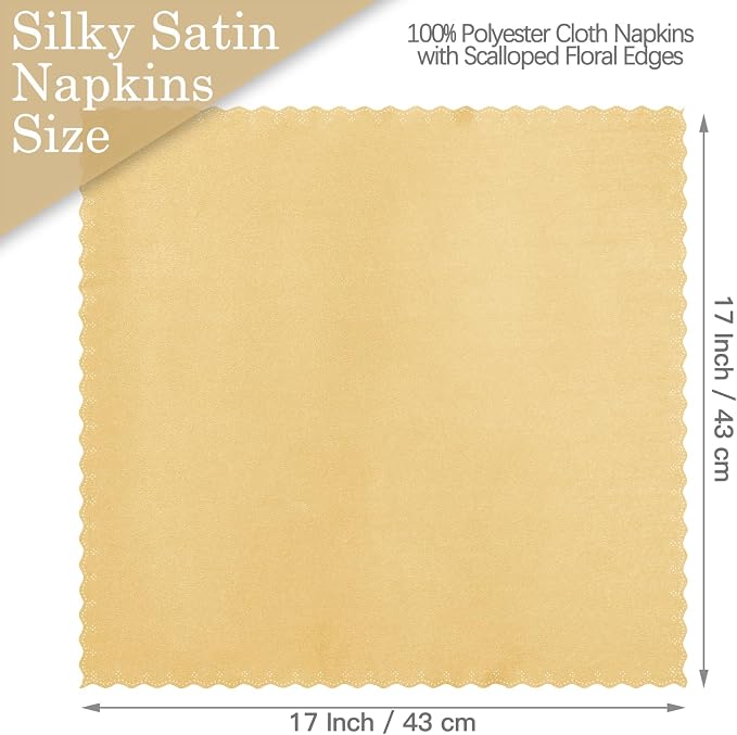Homiest Gold Satin Napkins - 100 Pack (17x17 Inches), Scalloped Square - Silky & Elegant, Perfect for Wedding, Dinner & Party