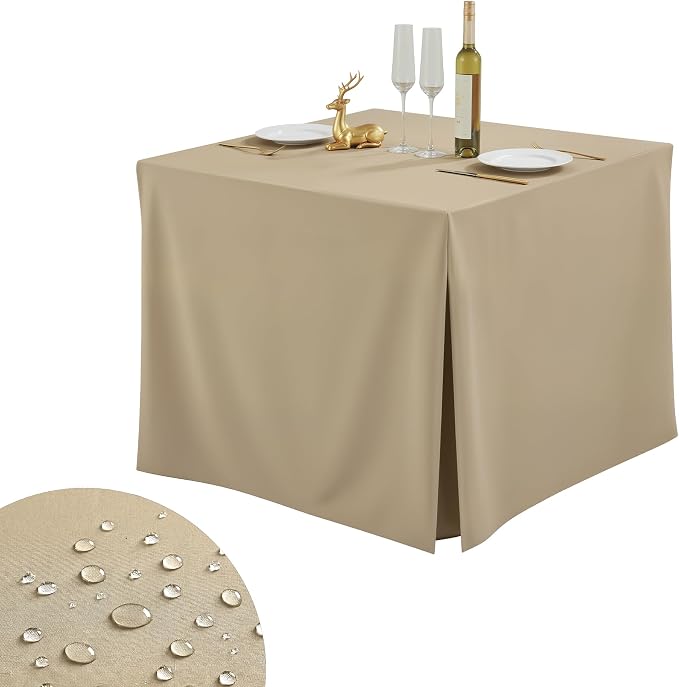 Shillance 1 Pack Khaki Square Tablecloth for 34x34 Inch Card Table Cover Waterproof Oil-Proof Spill-Proof Polyester Square Fitted Tablecloth for Wedding Parties Display Trade Show