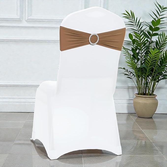 VDS - Mocha | Spandex Chair Sashes Bows | 300 PCS | Stretch Elastic Banquet Universal Folding Chair Band Tie with Silver Buckle Slider for Wedding Party Conference Celebration Event Decoration
