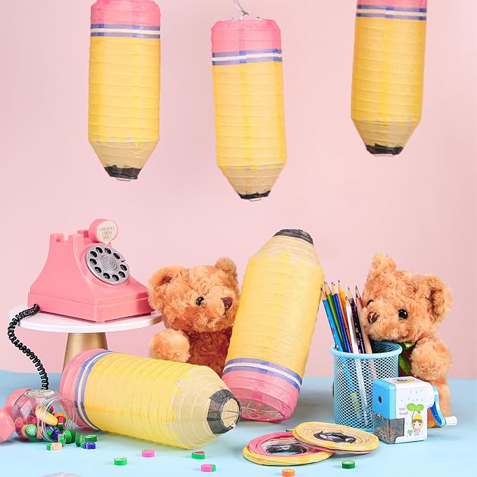 Retisee 12 Pcs Back to School Classroom Decoration Pencil Hanging Paper Lanterns Kindergarten Preschool Art Classroom Ceiling Decor, First Day of School Birthday Supplies