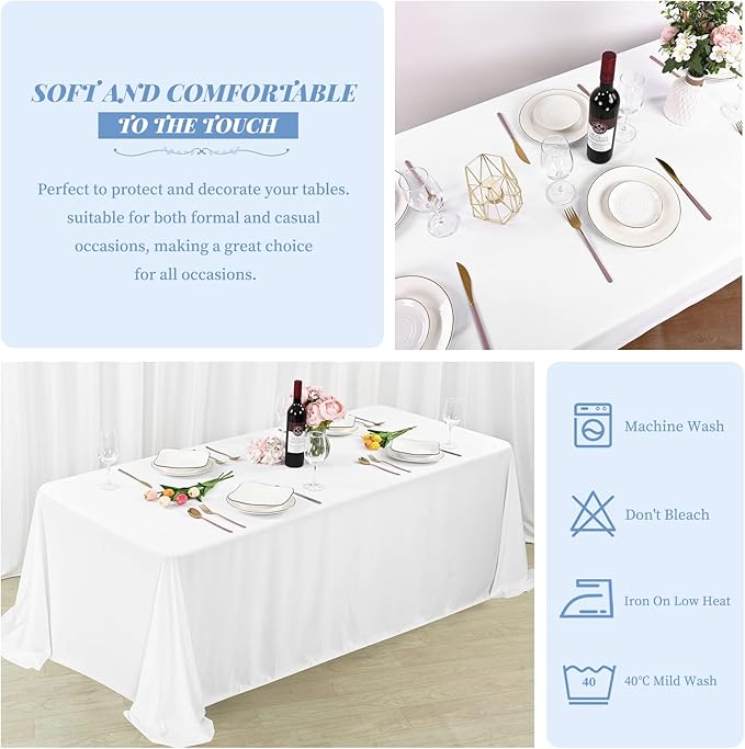 4 Pack White Tablecloth 90 x 156 Inch, Rectangle Tablecloth for 8 Foot Table, Stain and Wrinkle Resistant Washable Polyester Table Cloth Cover for Wedding Dining Table Buffet Parties and Camping