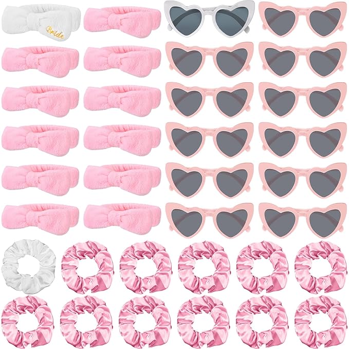 Geiserailie 36 Pcs Bachelorette Party Accessories 12 Bride Spa Headbands 12 Bridesmaid Scrunchies Ties 12 Bachelorette Sunglasses Bridesmaids Proposal Gifts for Wedding Party Favors(Pink)