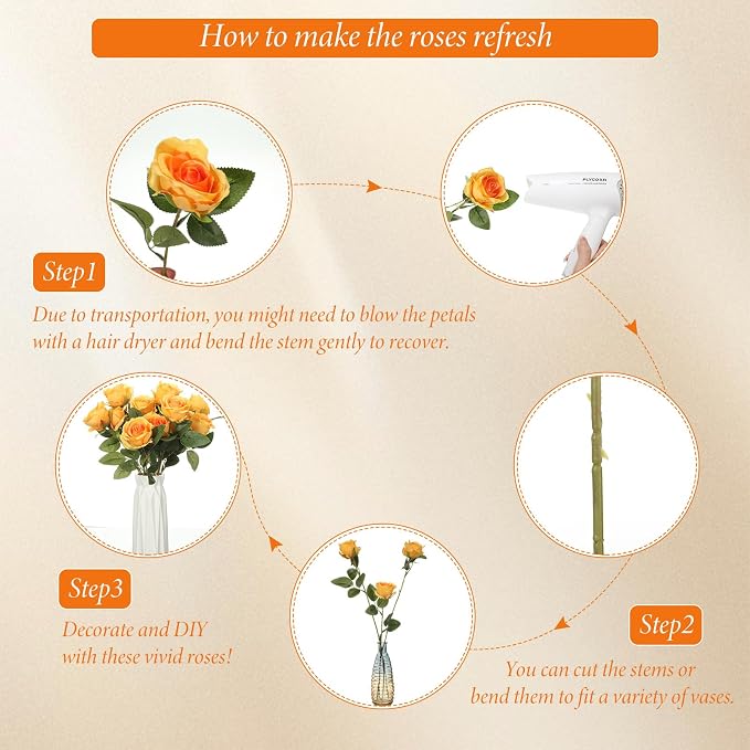 Hotop 20 Pcs Artificial Rose Flowers with Long Stem, Real Lifelike Silk Realistic Plastic Bouquet Roses Bulk for Home Decor Bridal Wedding Party Table Centerpieces Decorations(Orange)