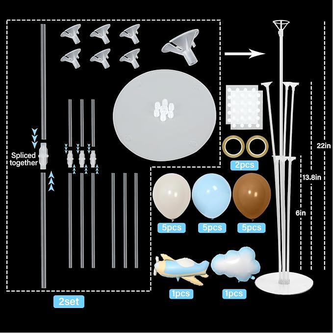 Airplane Baby Shower Birthday Party Decorations Balloons Stand Kit 2 Sets with 2 Airplane Cloud Foil Balloons Baby Boy Shower Balloon Centerpiece for Table for Kid Time Flies 1st Birthday Party Decor