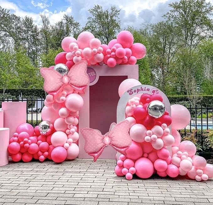 Pink Balloon Arch Kit Double Stuffed Peach Pink Bow Balloon Garland Foil Silver Balloons For Happy Birthday Baby Shower Bridal Shower Wedding Girls Women Theme Tea Party Decor