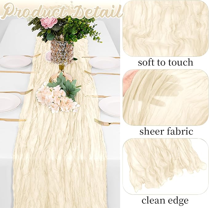 8 Pack Ivory Cheesecloth Table Runners 20x120 Inch Gauze Table Runner 10FT Easter Cheese Cloth Table Runner Rustic Sheer Runner for Wedding Baby Shower Birthday Party Table Decor