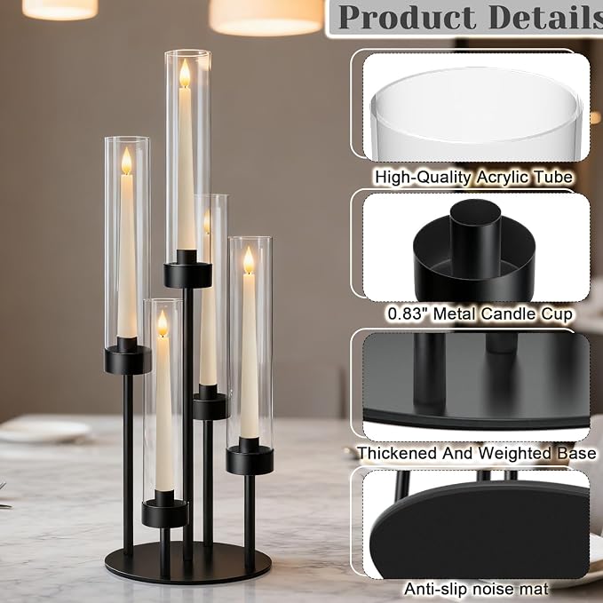 5-Arm Black Metal Table Candelabra Centerpiece, 22" Tall Clear Candlesticks Holder with Shade for Valentines Day Events Party Table Centerpiece,Fit LED Candles (4, Black, S-22in)