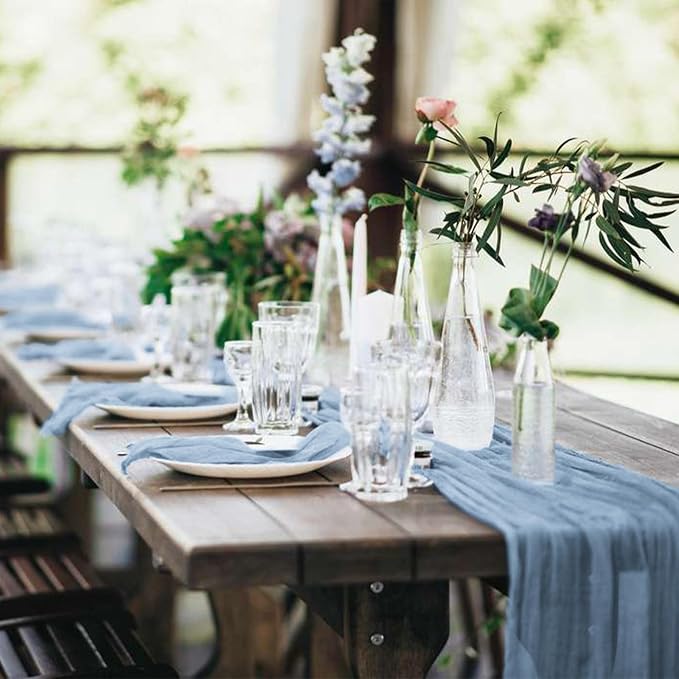 20 Pack Cheesecloth Table Runner 17 x 108 inch Long Boho Gauze Table Runners Semi Sheer Table Runner for Wedding Decor, Baby Shower, Birthday Party, Banquet (Dusty Blue)