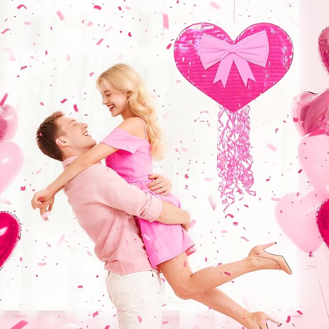 WERNNSAI Heart Piñata - Pink Heart Pull String Piñata Decoration for Women' Birthday Party Couples Dating Supply Engagement Wedding Surprise with Blindfold Stick (16.5" x 13.5" x 3")