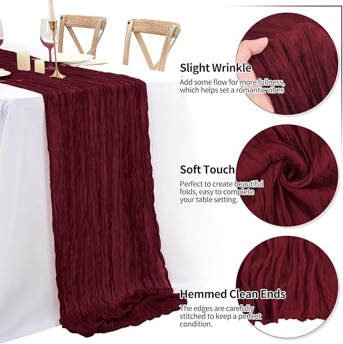 16 Pack 10Ft Cheesecloth Table Runner Burgundy, 20 x 120 Inch Rustic Gauze Boho Cheese Cloth Table Runners Wedding Long Table Runner for Wedding Party Bridal Shower Table Decoration