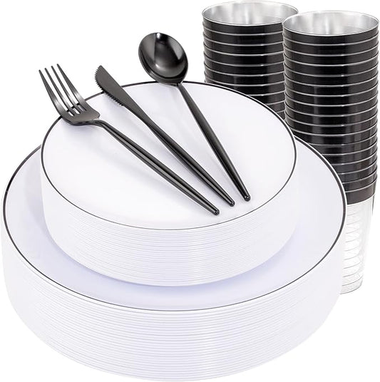 EI 180pcs White Plastic Dinnerware Set Include Black Disposable Silverware,Dinner and Dessert Plates,Cups,White Plastic Plates with Black Rim Perfect for Wedding,Birthday,Partys,Business Events,Hotel