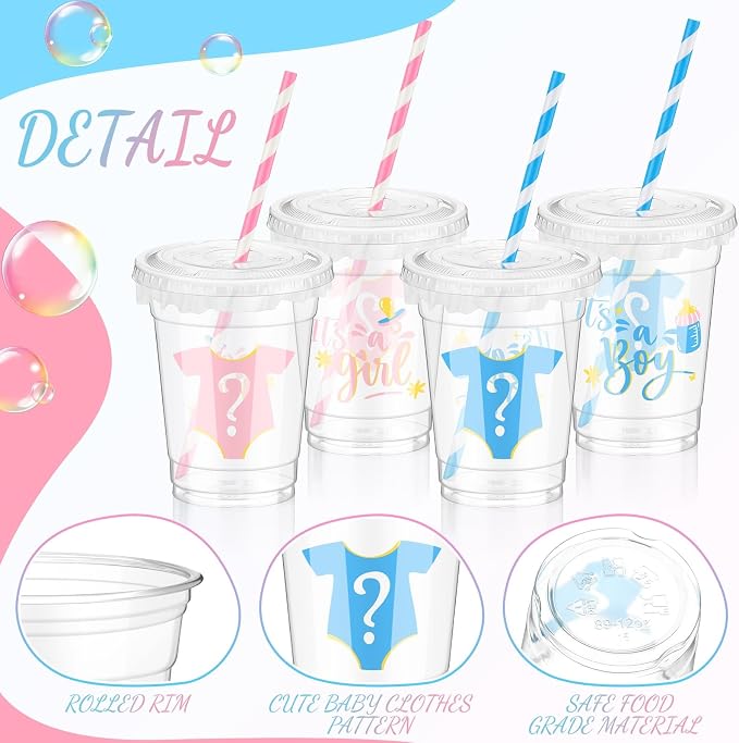 FoldTier 50 Pcs Gender Reveal Cups Gender Reveal Party Supplies 12 oz Party Plastic Cups Boy or Girl Transparent Cup with Lids Straws Blue and Pink Baby Shower Decorations It's a Boy or It's a Girl