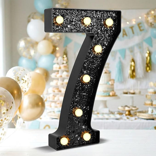 12.6 Inch LED Black Marquee Light Up Numbers, 7th Birthday Decorations Number Lights as Gifts for Girls Boys, Glitter Lighted Marquee Numbers for Black Anniversary Party Table Decor, 7