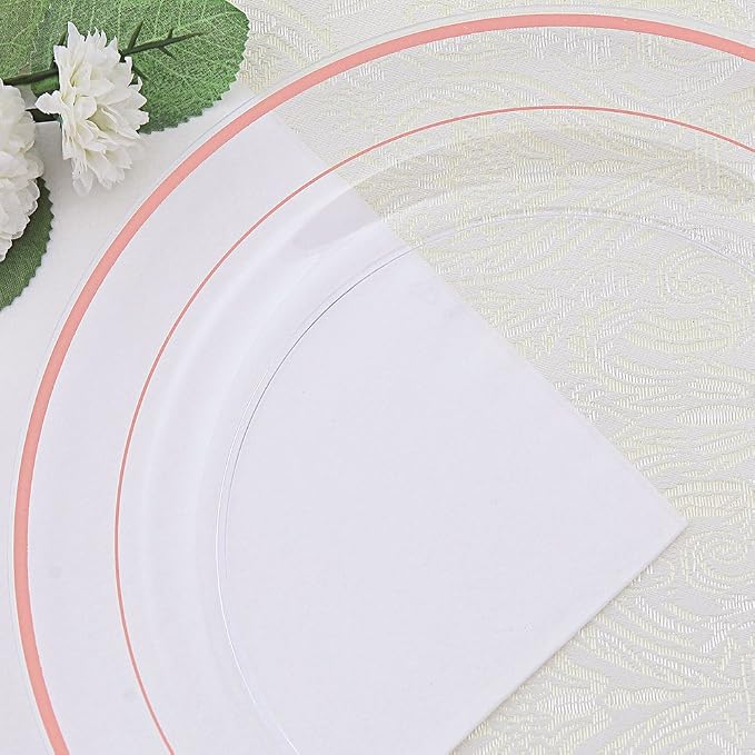 I00000 50 Pcs Rose Gold Plastic Plates, Disposable Party Set Include: 50 Clear Plastic Plates with Rose Gold Trim for dinner and dessert Perfect for Holidays, Wedding & Party Supplies
