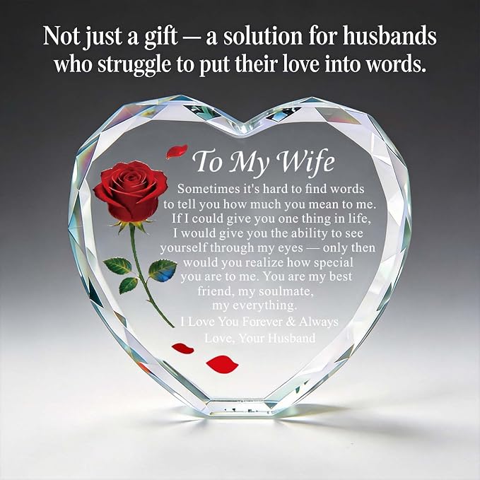 Anniversary and Birthday Gifts for Women Wife, Heart Shaped Crystal Keepsake with Rose and Love Letter Engraving, Color Changing LED Base,Romantic Christmas Valentine's Day Gifts for Wife from Husband (Red Rose - Multicolor LED)