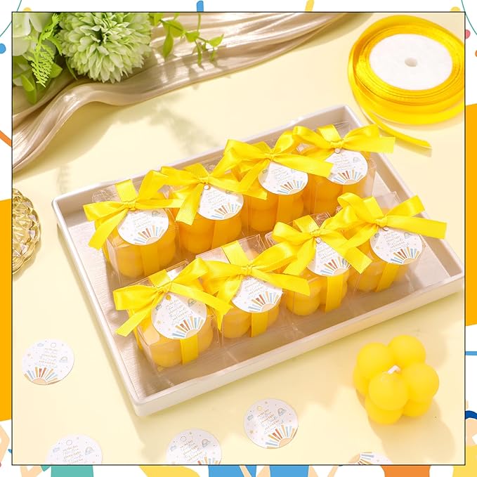 MTLEE 24 Sets Here Comes the Son Baby Shower Favors Small Bubble Candle for Guests Tea Candles Bulk with Stylish Ribbons Cards Gifts Party Decoration(Yellow, Sun)