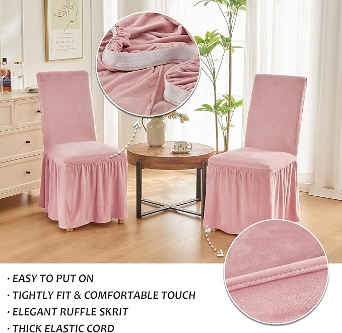 NICEEC Spandex Chair Covers for Dining Chairs Covers Set of 2 Removable Dining Room Chair Covers with Skirt Parson Chair Slipcovers Washable Chair Protector for Kitchen Wedding Banquet(Pink)