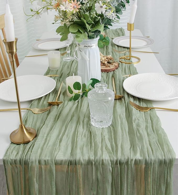 FEXIA 6 Pack Sage Green Table Runner 35x120 Inches for Baby Shower Decoration Gauze Rustic Table Runner for St. Patrick's Day Easter Wedding Party Centerpiece Engagement Bridal Shower Boho Decoration