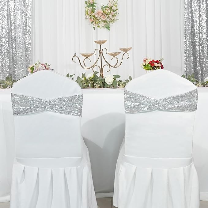 Poise3EHome Set of 50 Stretch Sequin Chair Sashes Silver One-Sided Sequins Decorative Bands for Wedding Party Event Chair Covers